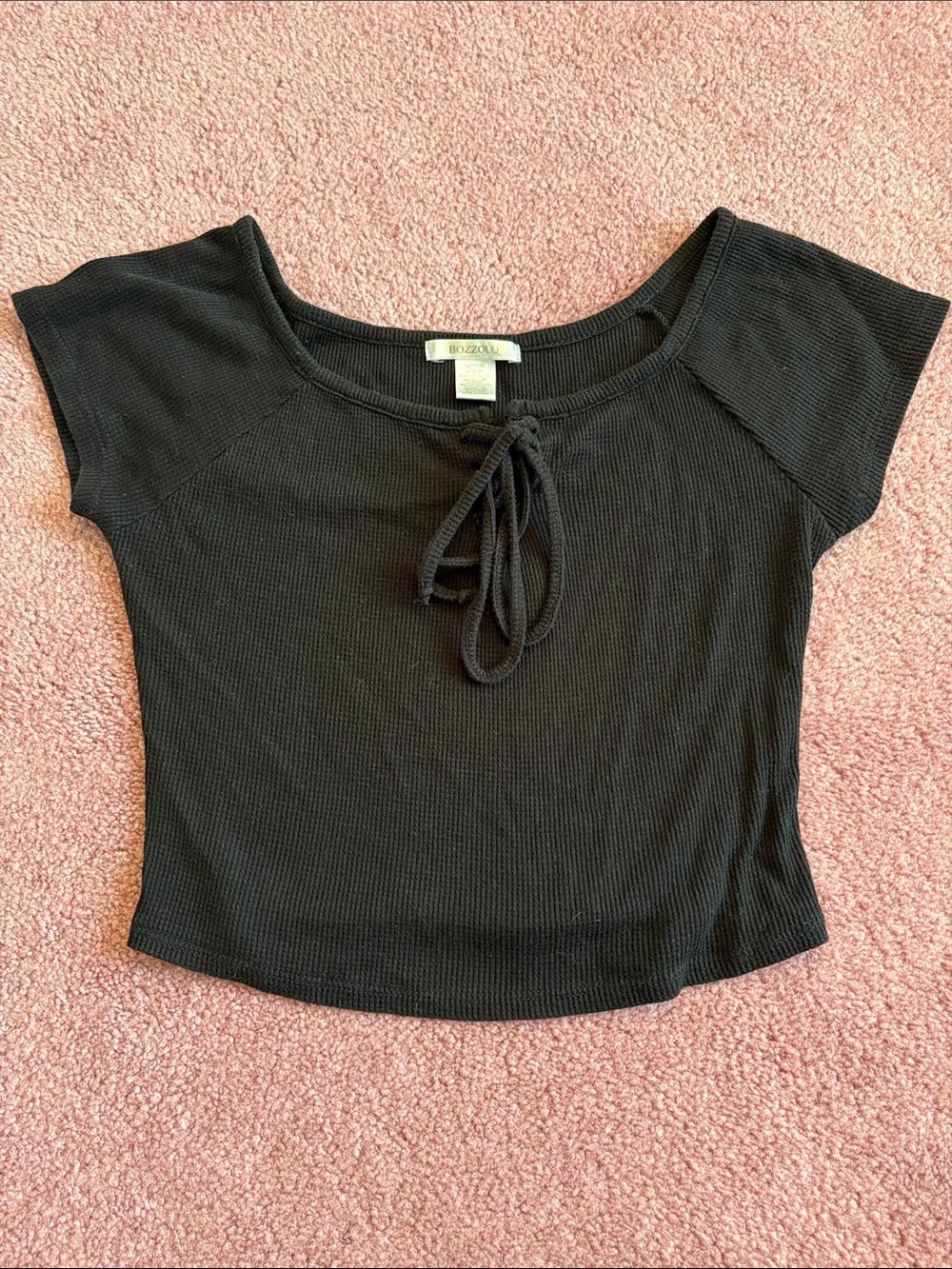 Bozzolo Black Ribbed Tie-Front Crop Top